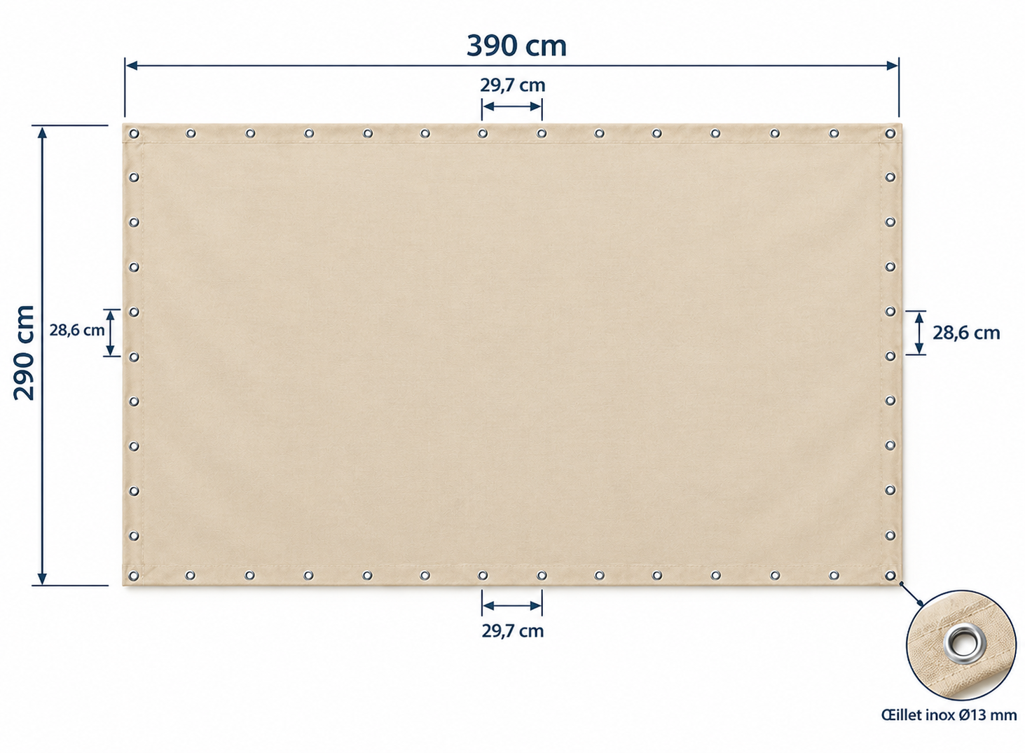 Calepinage oeillets Ø13mm - Bâche 390 x 290cm